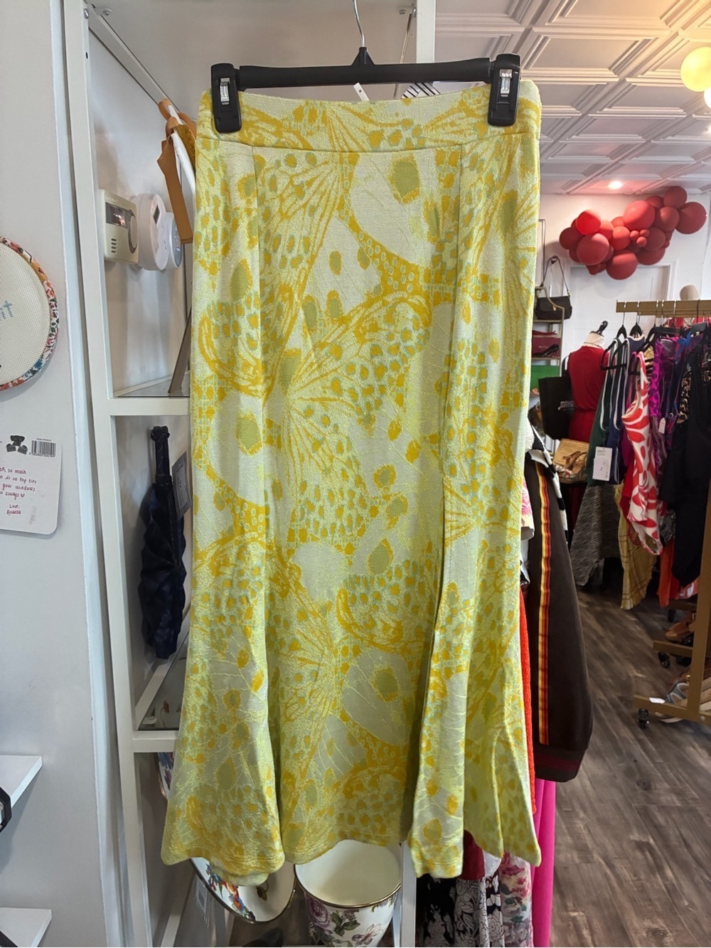 Free People Yellow Floral A-Line Midi Skirt with velvet accent